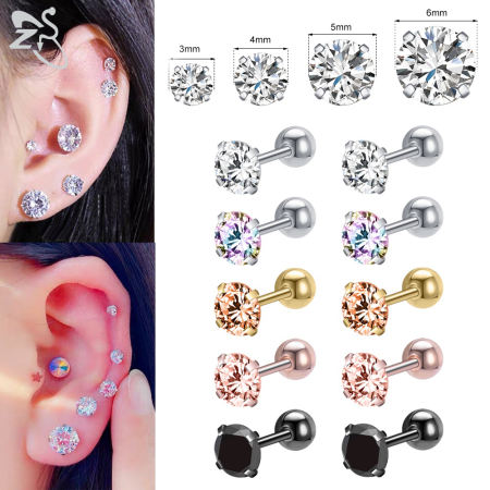 ZS Stainless Steel Round Stud Earrings with CZ Crystal