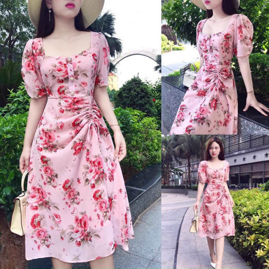 HCM]Váy đầm đỏ hoa nhí thời trang Hoa Anh Đào dáng xòe cổ tim phối ren tay  ngắn bồng phù hợp đi chơi dự tiệc size từ 40 - 52kg | Lazada.vn