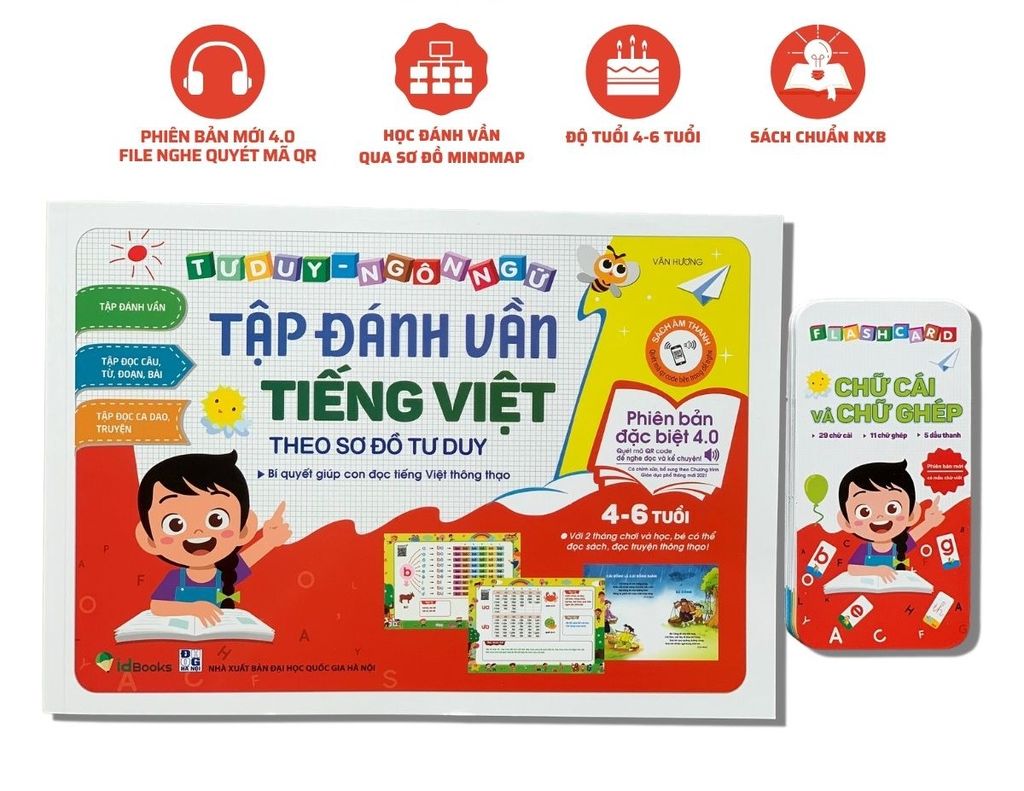 Sách - Tập đánh vần tiếng Việt theo sơ đồ tư duy phiên bản mới 4.0 có file âm thanh, quét mã QR để nghe đọc và kể chuyện - Nhà sách Học Liệu