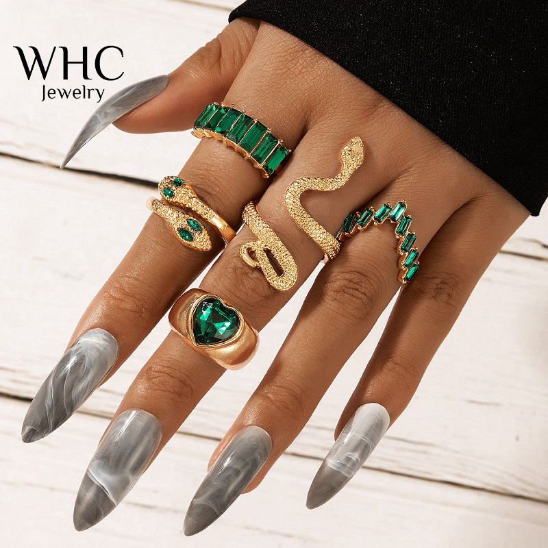 Whc jewelry bộ 6 chiếc nhẫn zircon hình con rắn mạ vàng nhẫn thiết kế bohemia đá quý tinh tế cho nữ