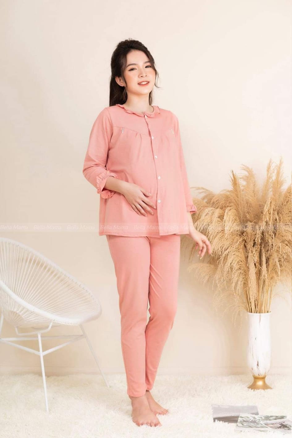 Bộ bầu và sau sinh cổ bèo trơn, cài cúc, có khóa mở bé ti