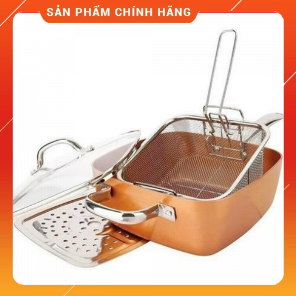 Chảo chiên vuông đáy từ nắp kính, bộ quánh vuông và rổ chiên super chef 24cm