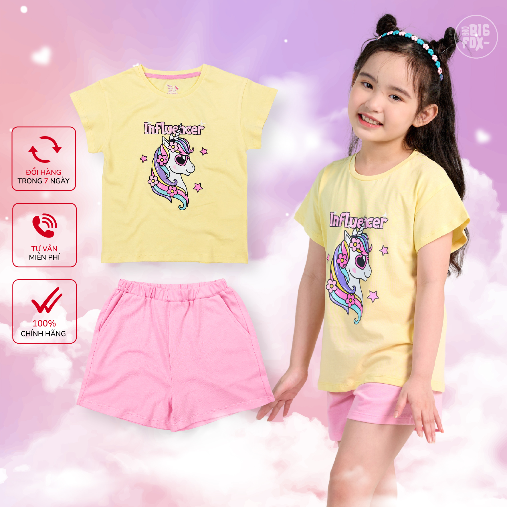 Quần áo bé gái size đại, đồ bộ bé gái chất cotton phong cách Hàn Quốc hình in kỳ lân influencer 10 – 26 kg QATE