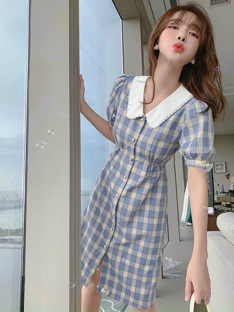 Đầm caro nữ cổ bèo, đầm vintage nữ, đầm nữ mặc đi chơi, đầm nữ tay phồng, váy caro màu xanh xinh xắn