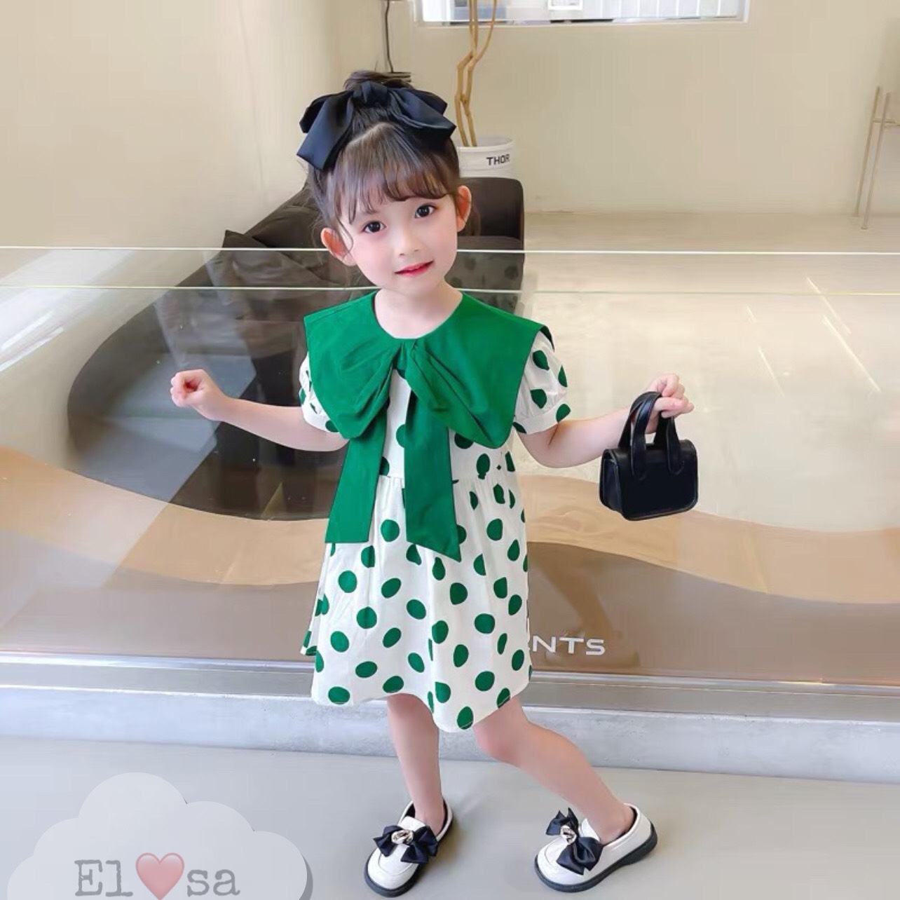 Đầm hoa chấm bi mùa hè cho bé gái, váy bé gái 9 đến 23kg chất liệu đũi mát nhẹ thấm mồ hôi họa tiết chấm bi phối nơ