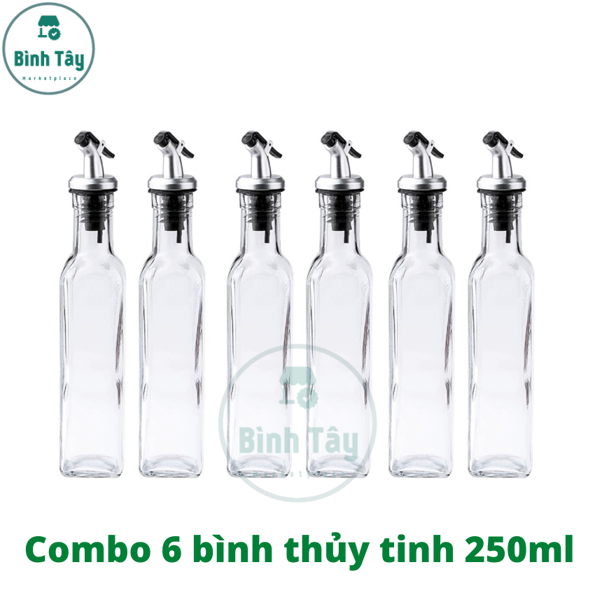 Combo 6 bình thủy tinh 250ml đựng gia vị nước mắm dầu ăn kèm 6 vòi chiết thông minh HT-S76