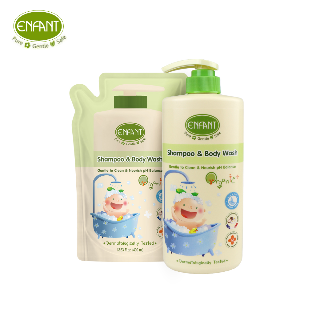 ENFANT (อองฟองต์) Organic Plus Shampoo & Body Wash แชมพูและอาบน้ำในขวดเดียว เนื้อเจล ใช้ได้ตั้งแต่เด็กแรกเกิด เซตสุดคุ้ม ชนิดขวด + รีฟิลชนิดถุง