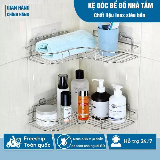 Kệ Góc Tường Inox 304 Không Gỉ, Kệ Nhà Tắm Dán Tường siêu chắc đựng Đồ Đa Năng [hàng cao cấp]