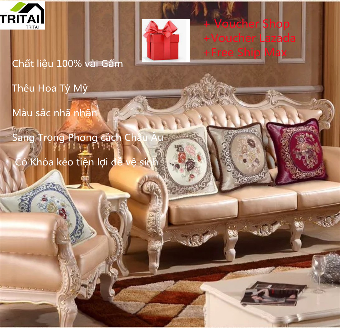 Combo 5 vỏ Gối Tây Âu Gấm Thêu Hoa Cao Cấp Sang Trọng, Vỏ Gối Tựa Trang Trí, Vỏ Gối Tựa Vuông 45x45cm,