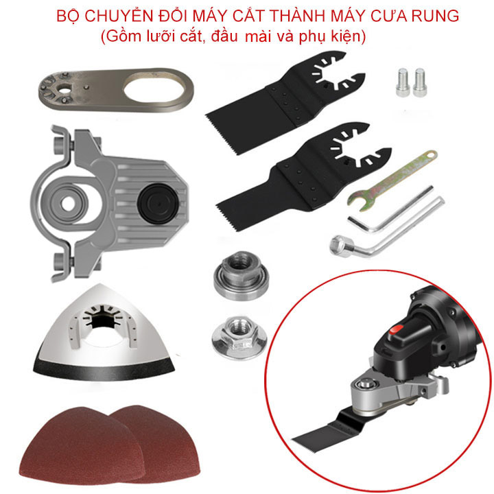 Bộ chuyển đổi máy cắt cầm tay thành máy cắt dao động đa năng, kèm 2 lưỡi cắt 1 đầu mài và phụ kiện (Trục D10mm)