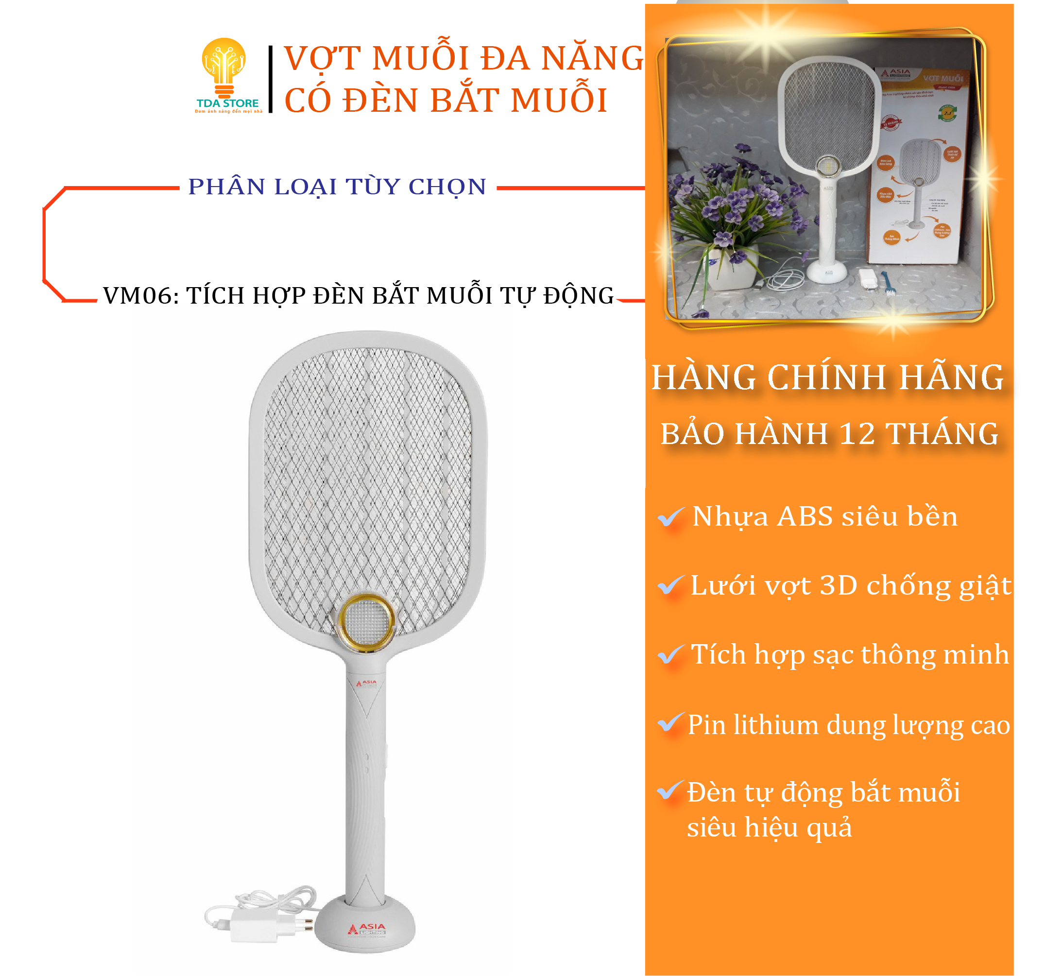 Vợt Muỗi Kèm Đèn Bắt Muỗi Đa Năng Tích Điện 2 Trong 1 Cao Cấp Asia Lighting