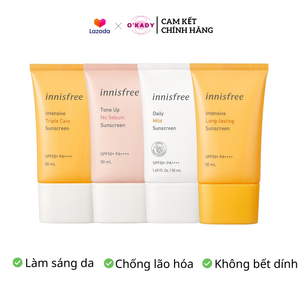 Kem chống nắng lâu trôi làm sáng da innisfree Intensive Triple Care Sunscreen SPF50+ Pa++++ 50ml giúp bảo vệ da mặt, nâng tone da dành cho da dầu, da khô và da hỗn hợp OKADY