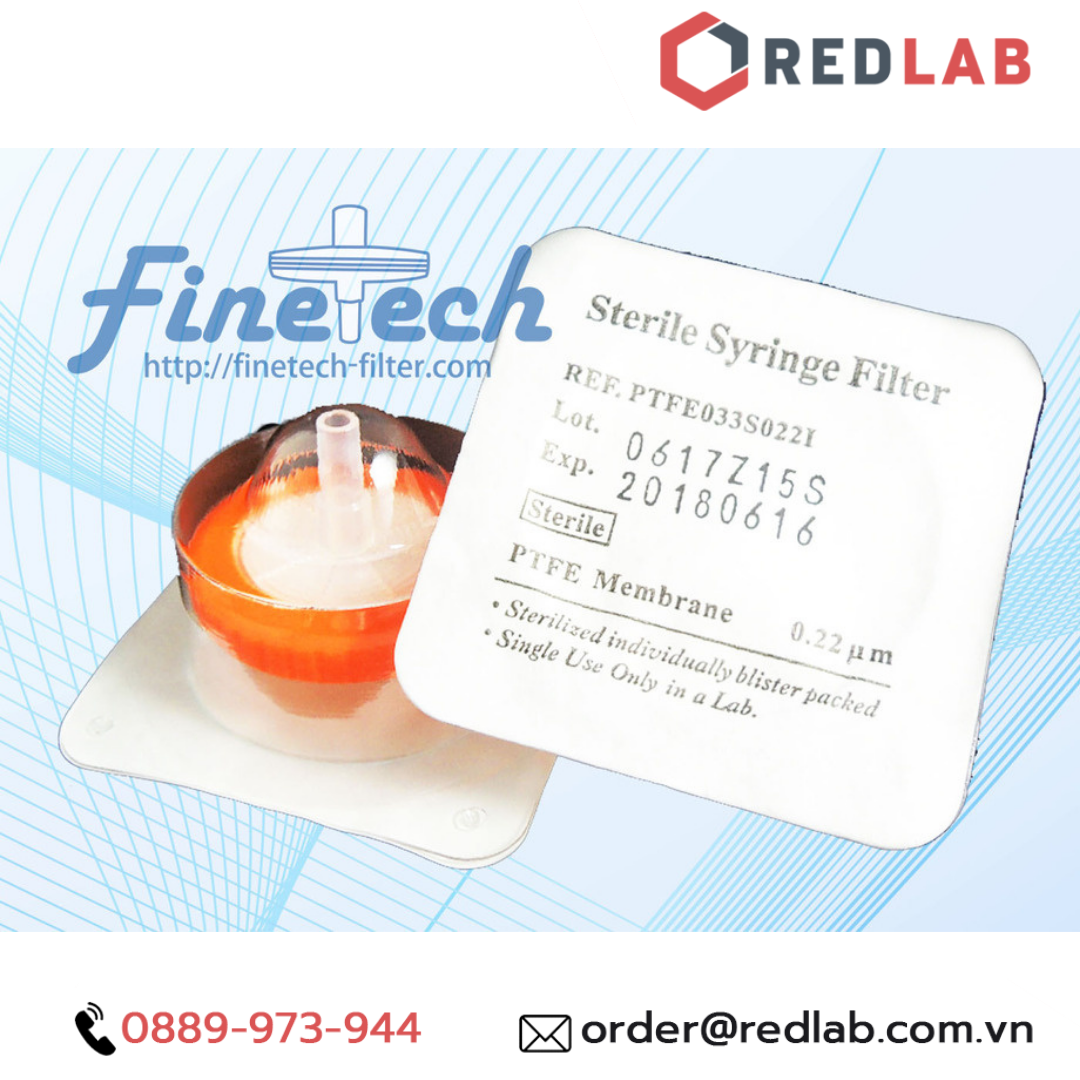 Đầu lọc syringe ptfe 33mm tiệt trùng finetech ptfe033s022i, có vat