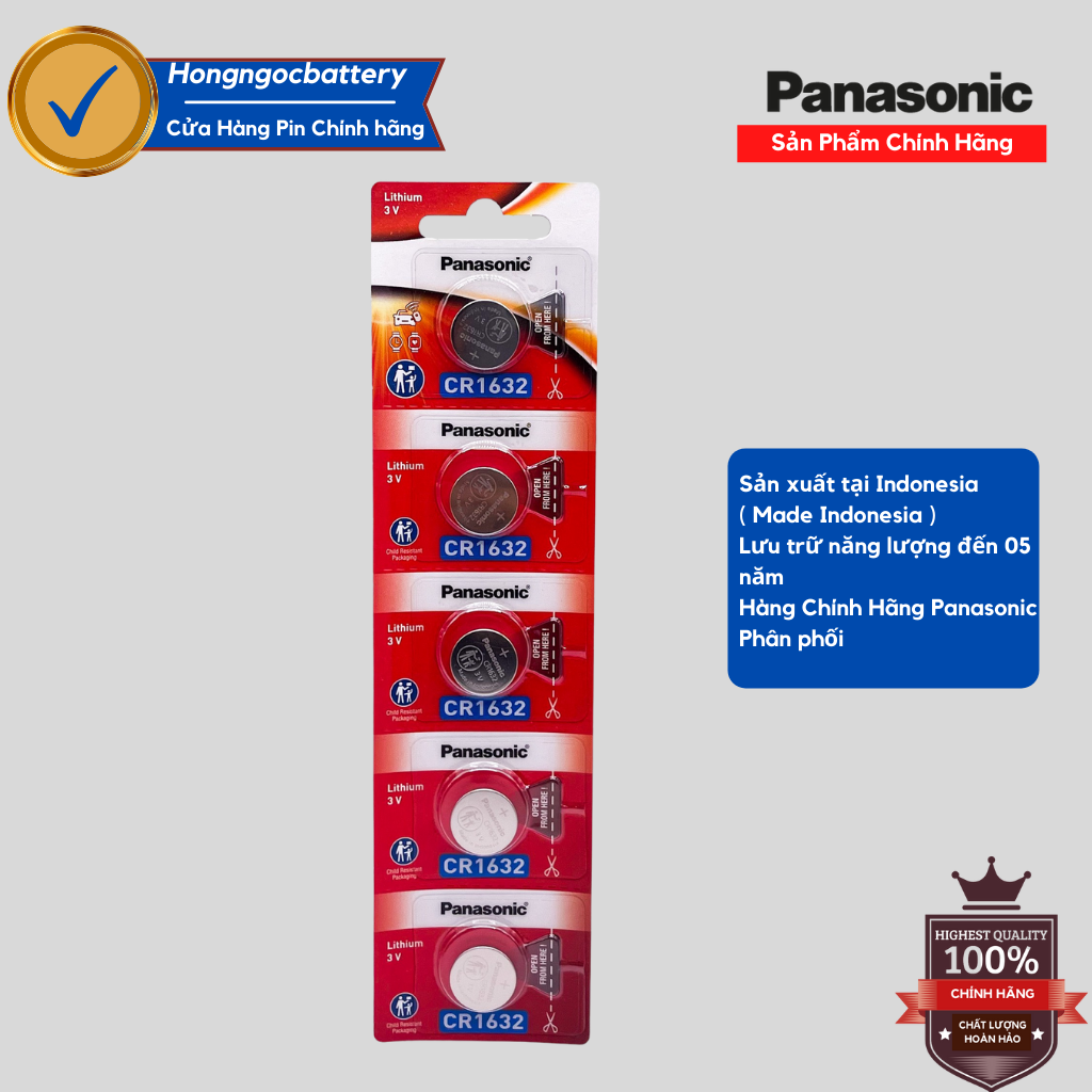 Pin CR1632 Panasonic Lithium 3V Vỉ 5 viên sử dụng được cho nhiều thiết bị với độ bền và an toàn cao