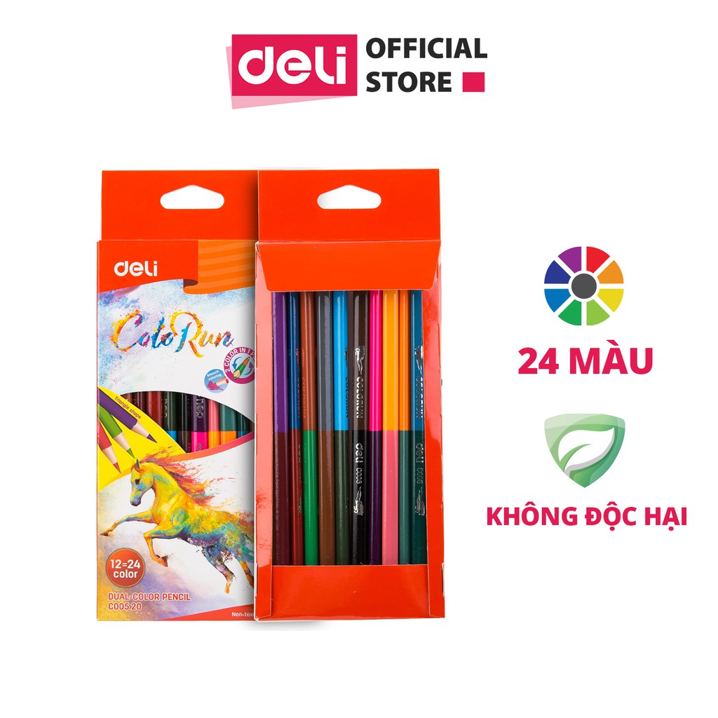 Bút chì màu 2 đầu 24 màu Deli -màu đậm, ít gãy, an toàn cho trẻ - EC00520