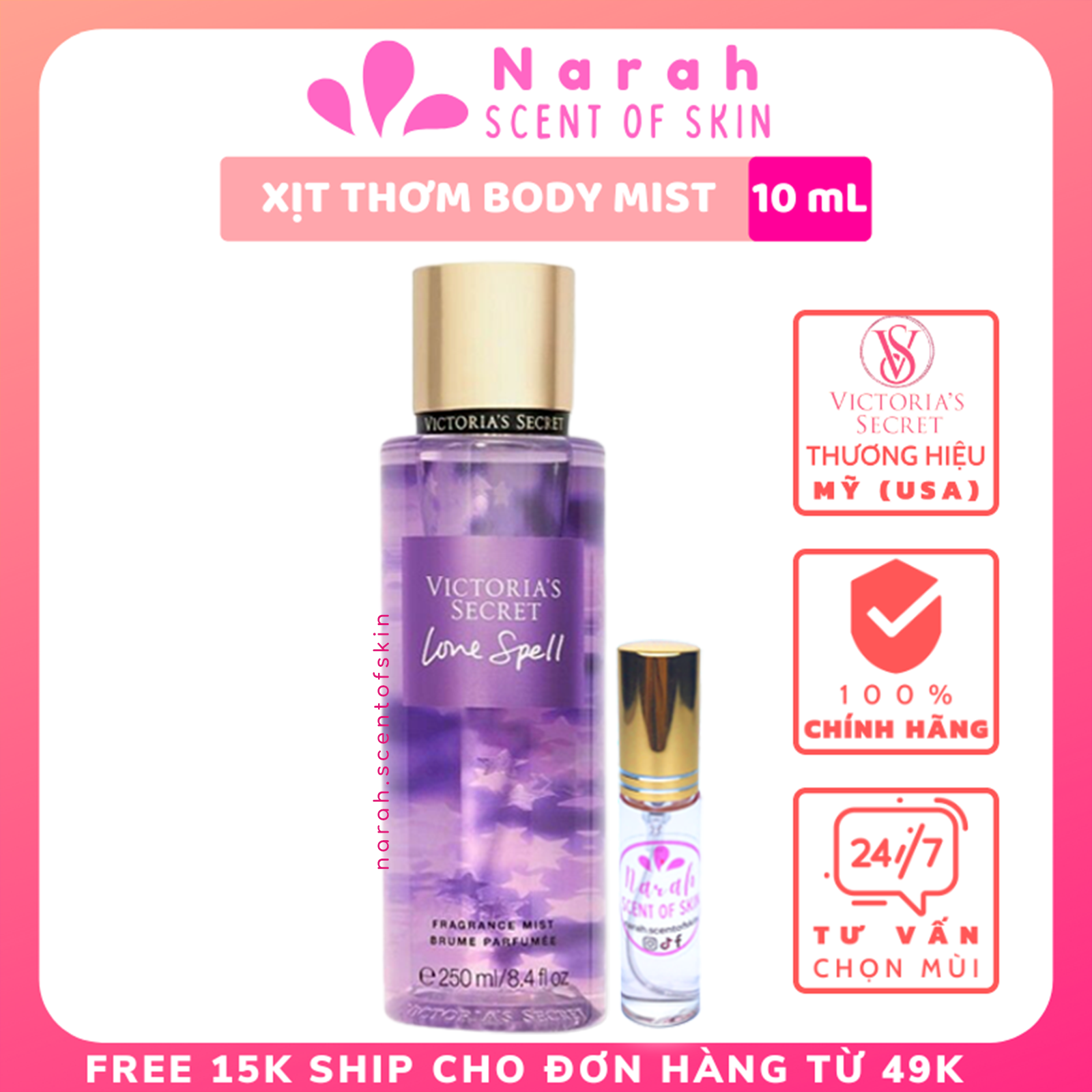 Love Spell 10mL - Body mist xịt thơm toàn thân Victoria Secret Mỹ hương nước hoa & dưỡng ẩm da size chiết 10ml - Narah ScentOfSkin