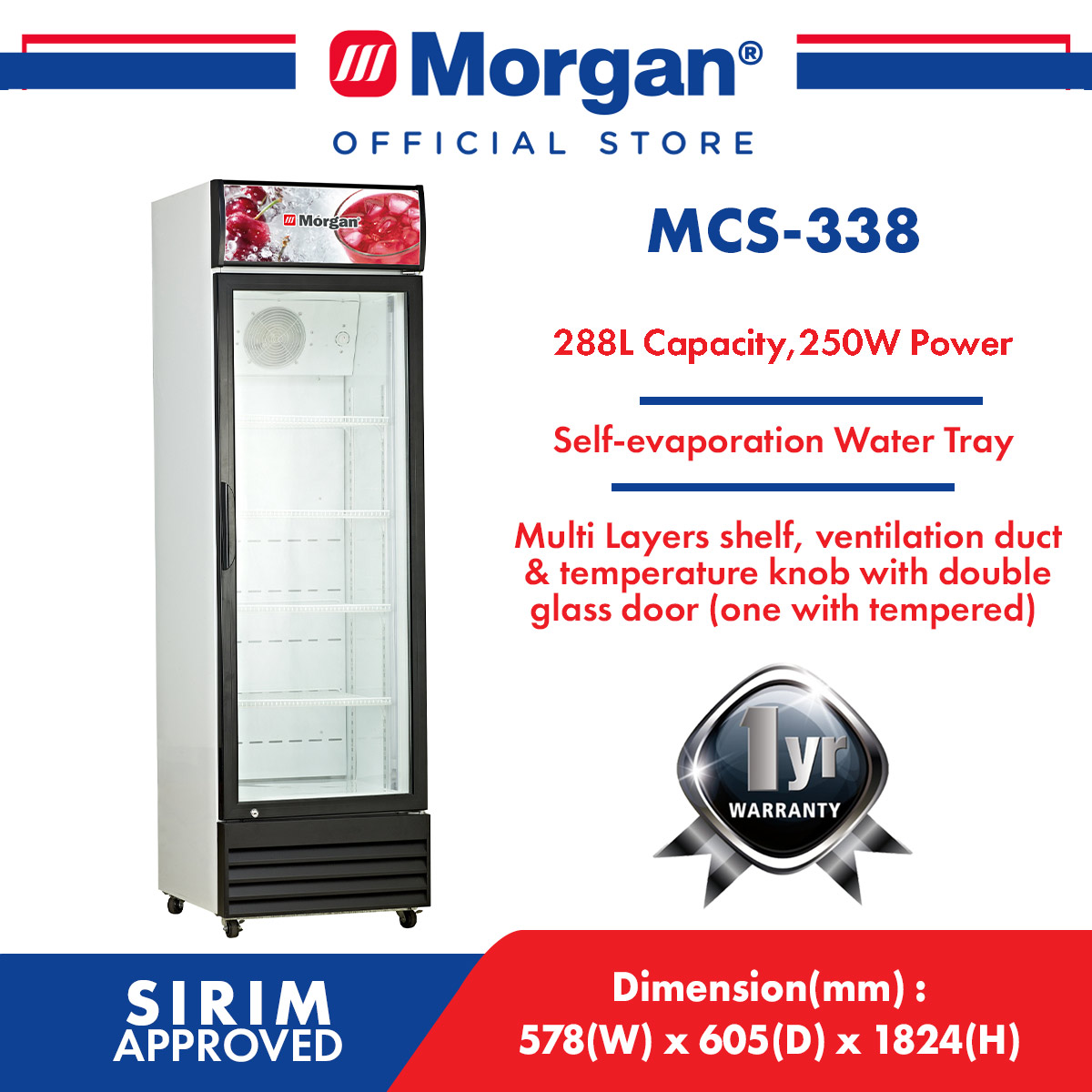 MORGAN MCS-338 CHILLER SHOWCASE DOOR DISPLAY FRIDGE 288L