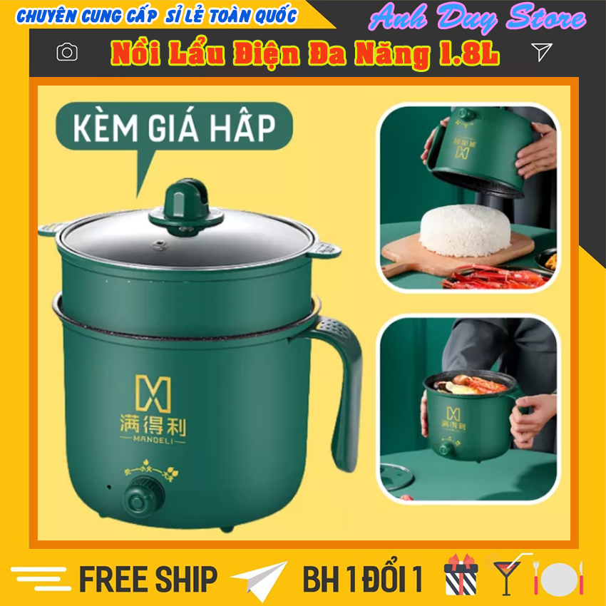 Nồi lẩu mini điện đa năng nấu mì hấp 2 tầng tặng giá hấp nướng, luộc, chiên chống dính