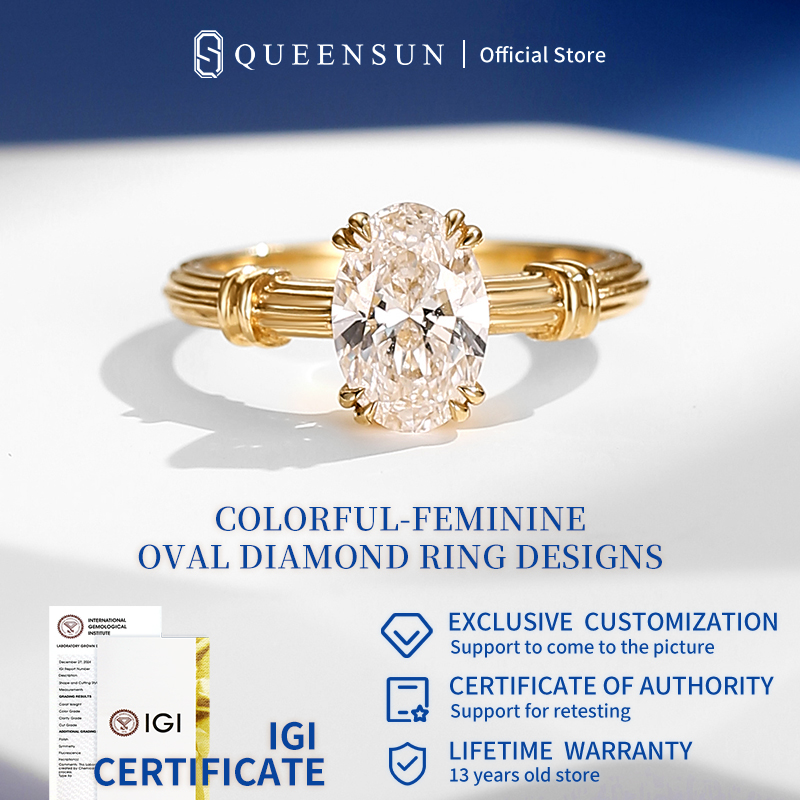  Queensun 18K gold one carat platinum oval diamond ring/female niche design/ lab grown diamond proposal ring椭圆形钻石戒指tmperament/Accessories/Pair of rings/Europe and America ring