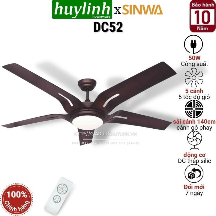 Quạt trần đèn led sinwa dc52 - dc inverter - 5 cánh