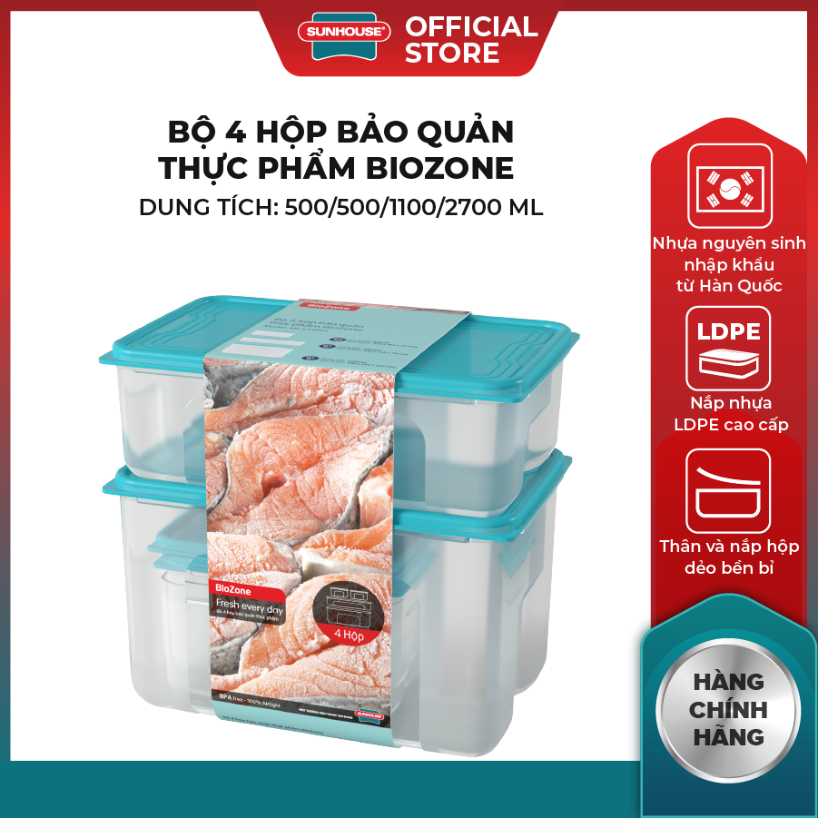 Bộ 4 Hộp Bảo Quản Thực Phẩm BIOZONE KB-ST4P01 2700 ml, 1100 ml, 500 ml, Nhựa Nguyên Sinh Nhập Khẩu Từ Hàn Quốc, Nắp Nhựa LDPE Cao Cấp, Thân Và Nắp Hộp Dẻo Bền Bỉ, Hàng Chính Hãng