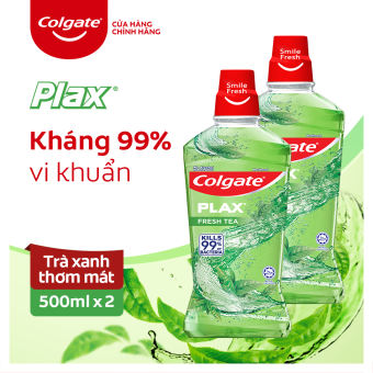 Bộ đôi Nước súc miệng Colgate diệt 99% vi khuẩn Plax trà xanh 500ml/chai