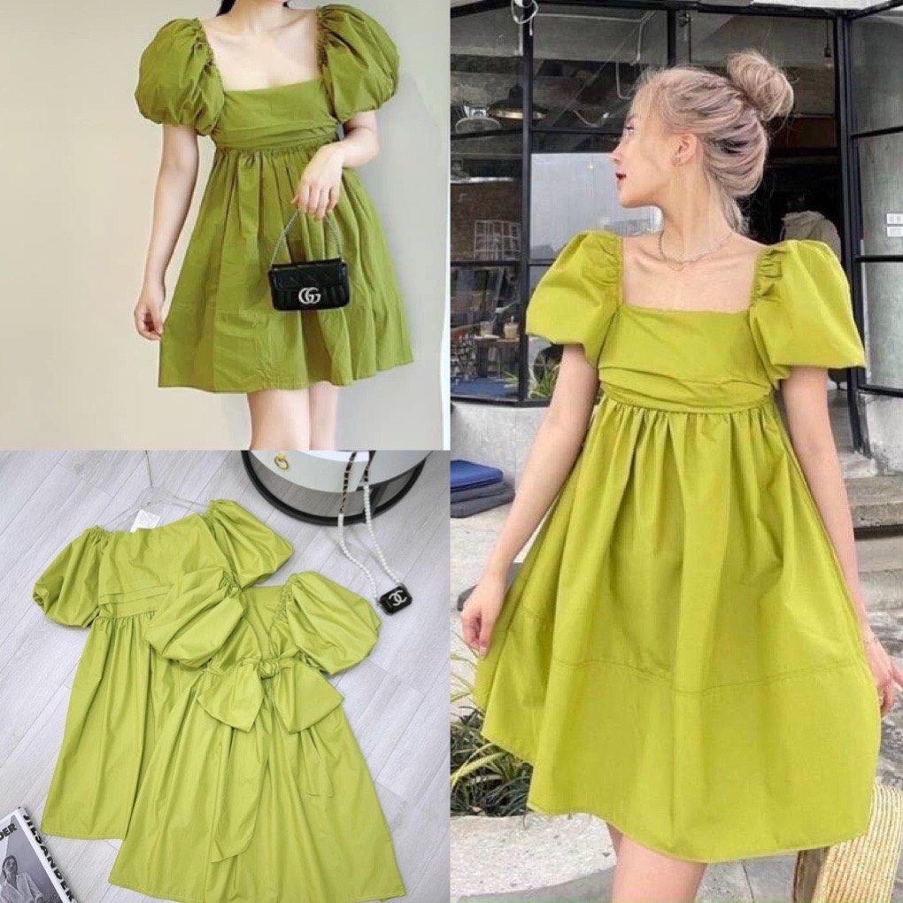 Đầm babydoll nữ cổ vuông thắt nơ sau lưng màu xanh cốm tay bồng- váy babydoll nữ tiểu thư trễ vai dáng xòe chất thô mềm phong cách hàn quốc, TUỆ LÂM