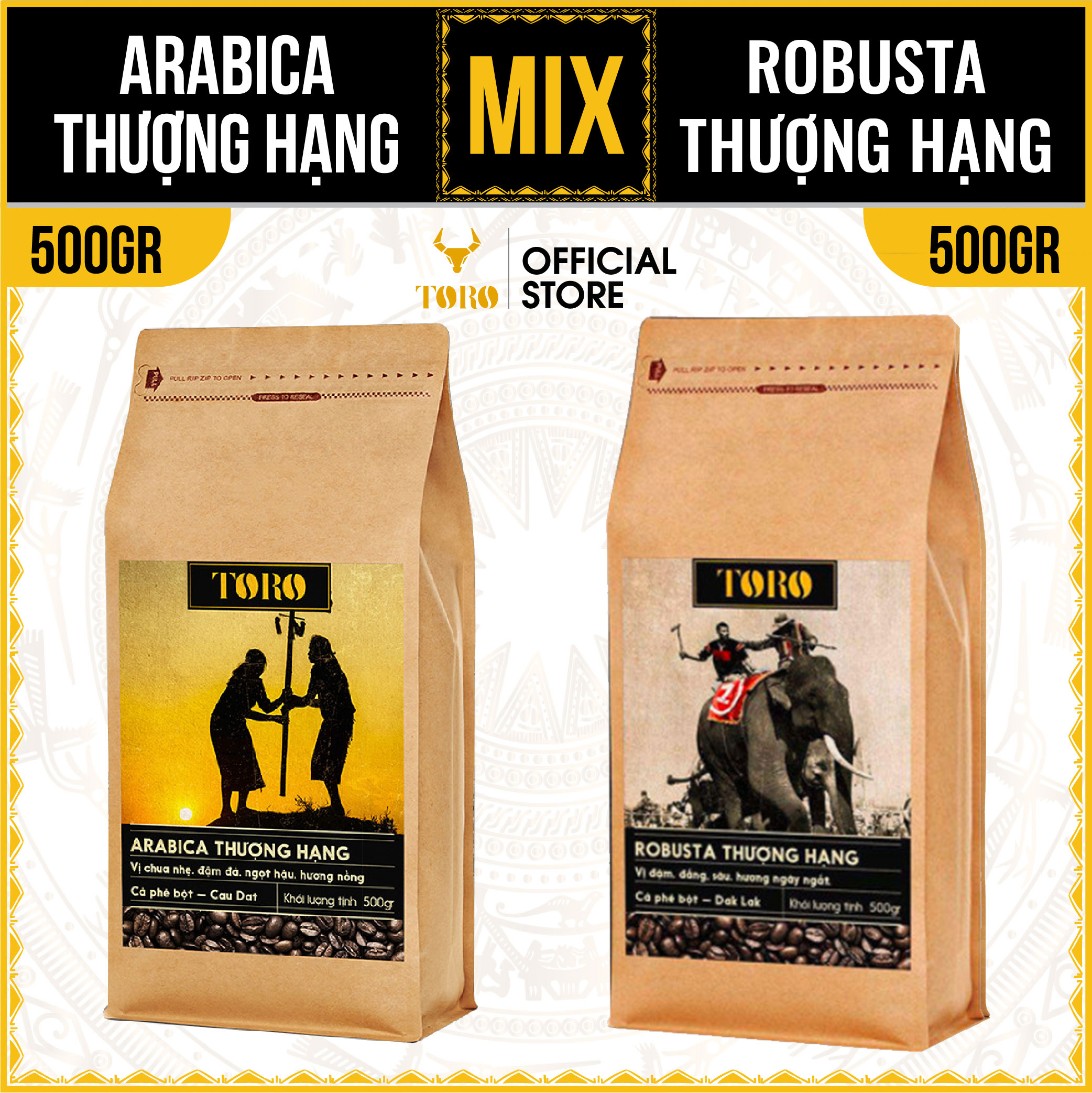 Bộ mix cà phê bột toro arabica thượng hạng & toro robusta thượng hạng nguyên chất 100% | 500gr/gói | toro farm