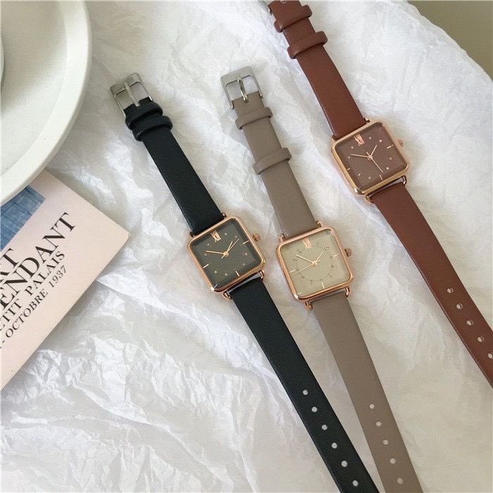 	 Axnat Jam Tangan Quartz Strap Pu Analog Casual Gaya Retro Wanita Persegi Watch Korean Fashion Rm030 	