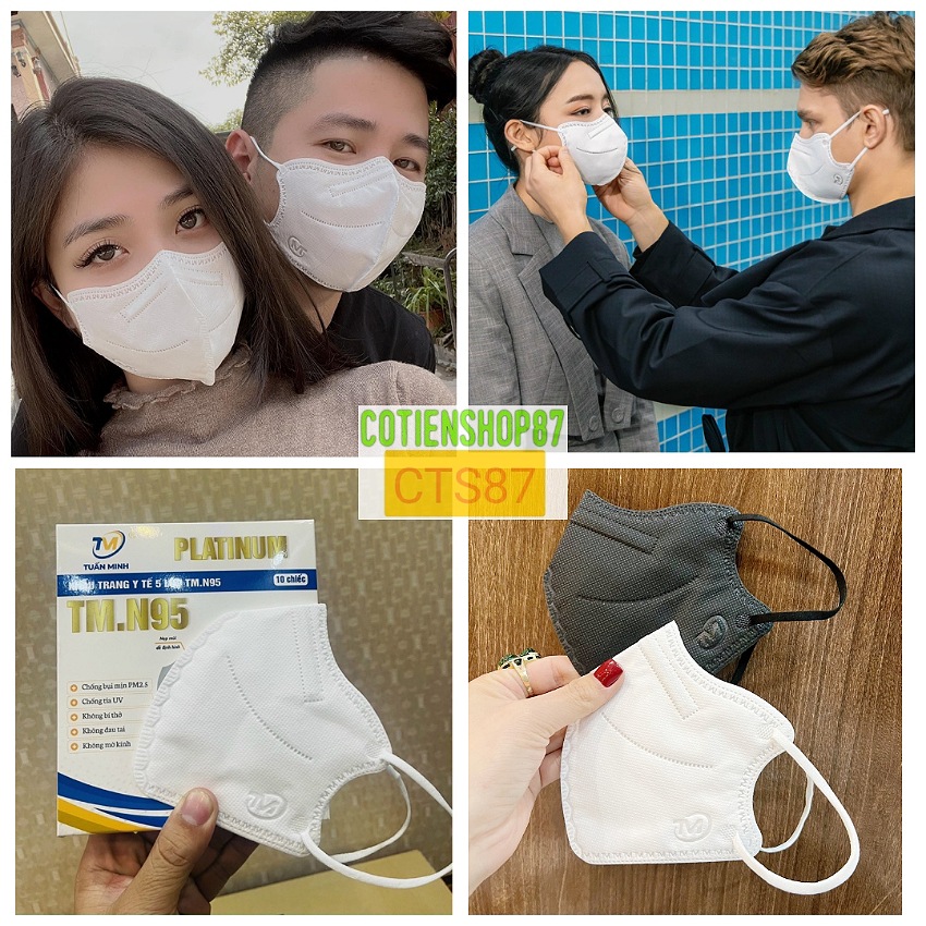Khẩu trang 6D Tuấn Minh Platinum, hộp 10 cái, khẩu trang N95 thiết kế mới, cấu tạo 5 lớp, kháng khuẩn kháng bụi mịn, dây đeo co dãn tốt, cotienshop87
