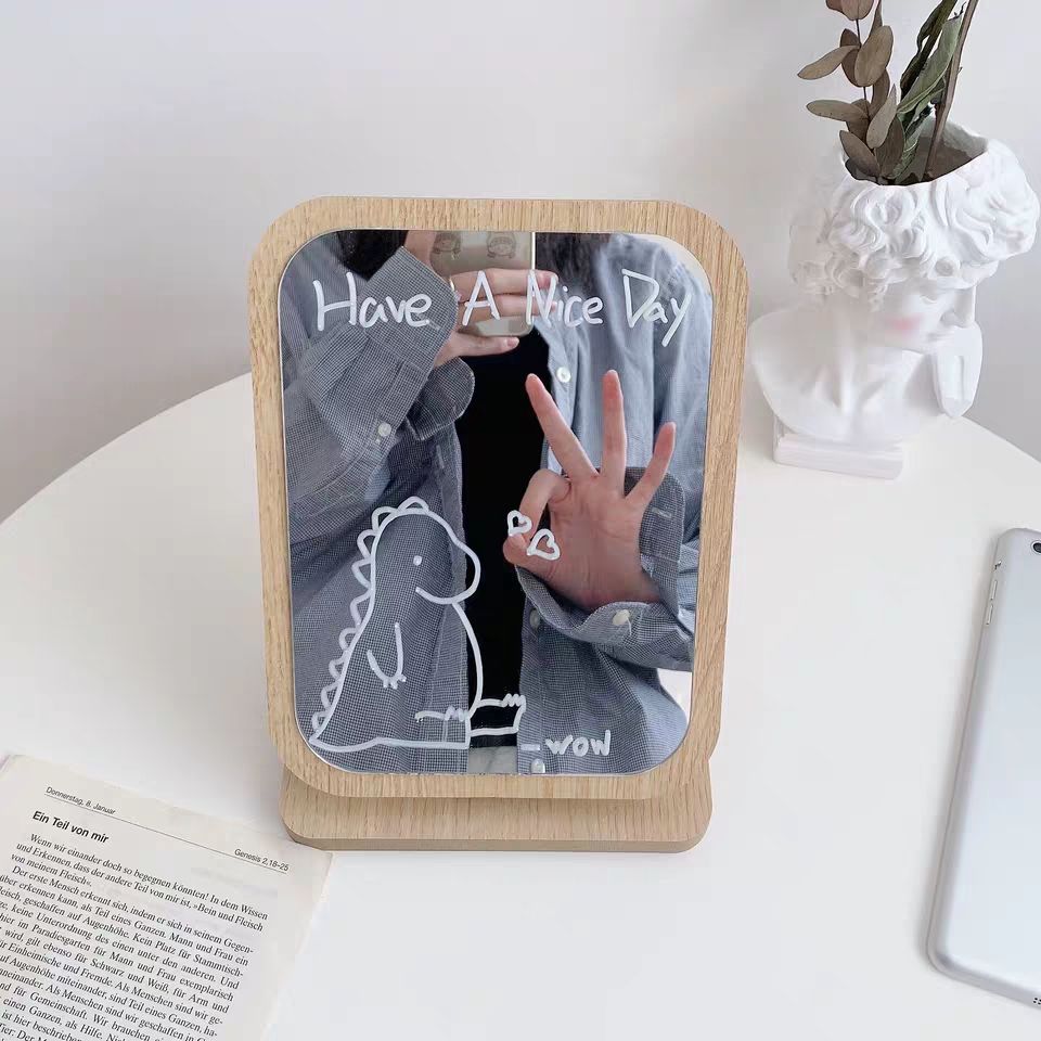 Gương gỗ Hàn Quốc tặng kèm bút vẽ - Gương để bàn trang điểm - Đồ decor vintage -Winshare