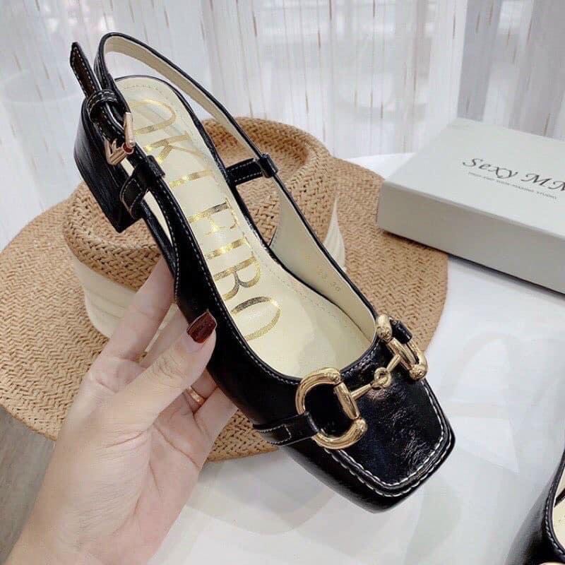Sandal mũi vuông da mềm khoá sắt gót 3 phân cao cấp