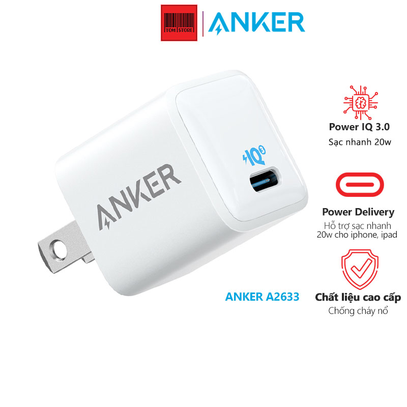 Cốc sạc nhanh 20W Anker Powerport III Nano A2633 hỗ trợ chuẩn sạc PowerIQ 3.0, cốc sạc type nhỏ gọn, công suất 20w dành cho iphone, ipad