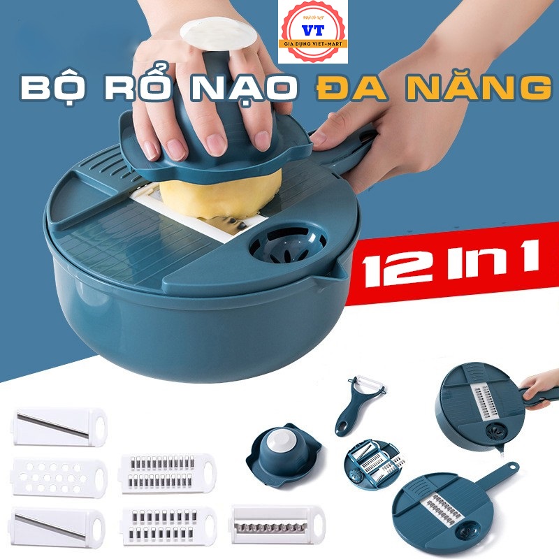 Dụng cụ bào gọt vỏ rau củ tách sợi đa năng nhà bếp (TẶNG LƯỠI BÀO) bảo vệ tay, Bộ Rổ nạo cắt bào rau củ quả đa năng, BỘ DỤNG CỤ BÀO SỢI CỦ QUẢ 12 TRONG 1