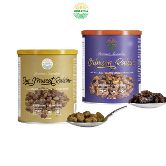 Combo 2 lon nho khô cao cấp Úc Sunraysia Crimson và Sunmuscat - Nho khô từ giống nho đỏ và nho xanh của Úc - 2 vị khác nhau