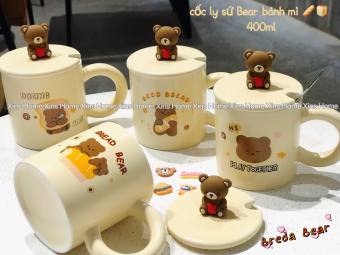 Cốc ly sứ Bear Bánh Mì/ ly uống nước ly cà phê ly sữa/ly gấu cute có nắp tặng muỗng 400ml