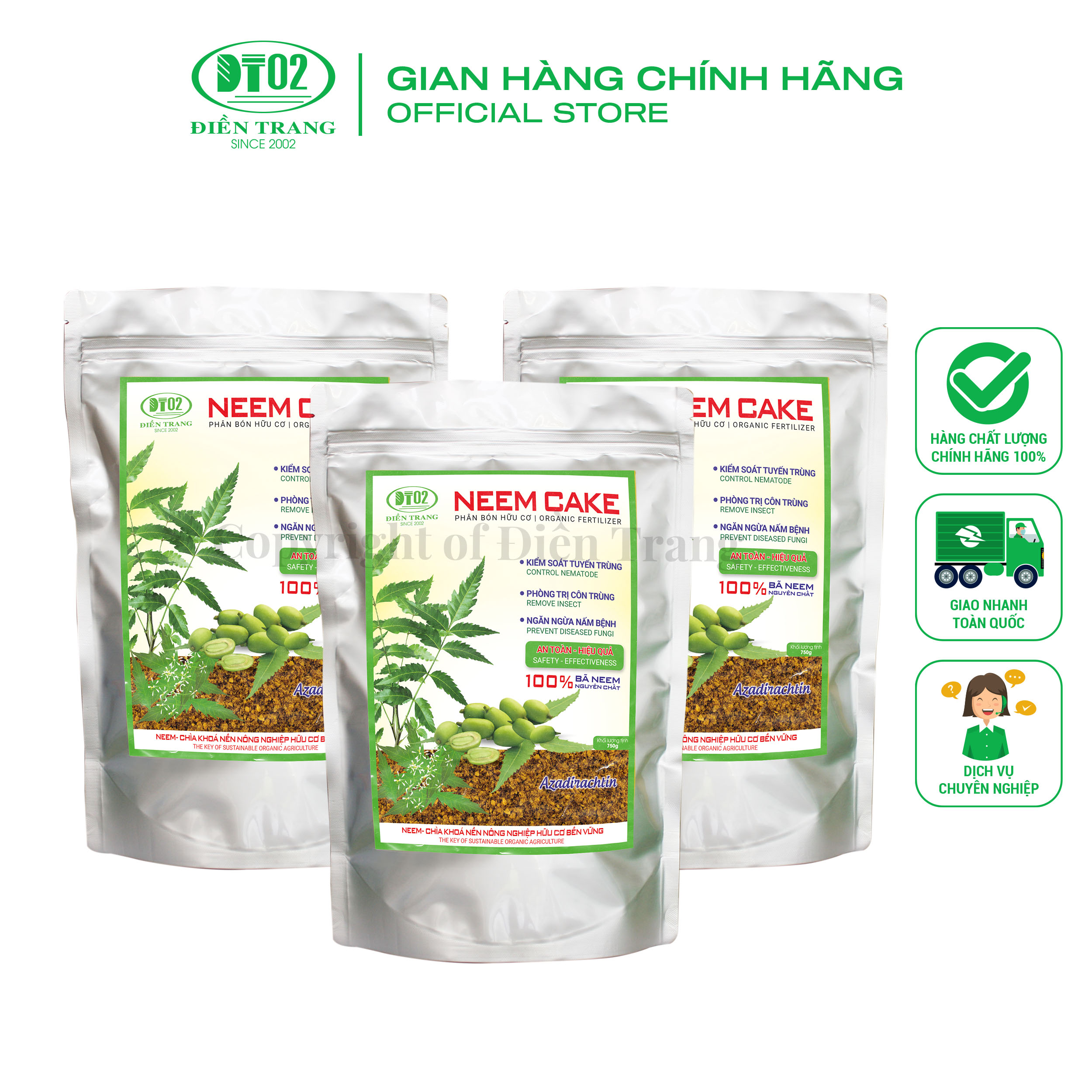 Combo 3 gói Neem Cake 750gr Điền Trang - Kích thích cơ chế phòng thủ ngăn chặn mầm bệnh lây lan – phục hồi vết thương