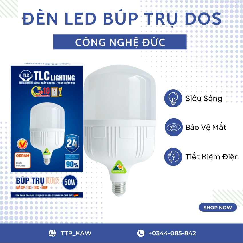 Đèn led, đèn led - đèn led búp trụ dos công suất 15w, 20w, 30w, 40w, 50w tlc lighting, công nghệ mới dob, tiết kiệm 90% điện năng