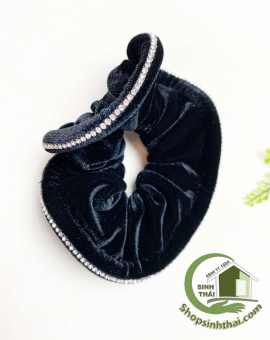 Dây cột tóc vải nhung màu đen lớn, đính viền đá cao cấp