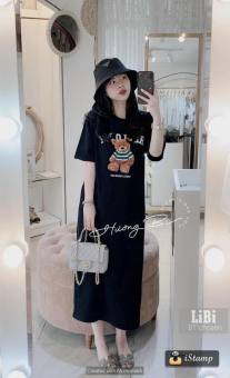 Đầm suông nữ, váy suông nữ cộc tay mùa hè in chú gấu hau màu cá tính