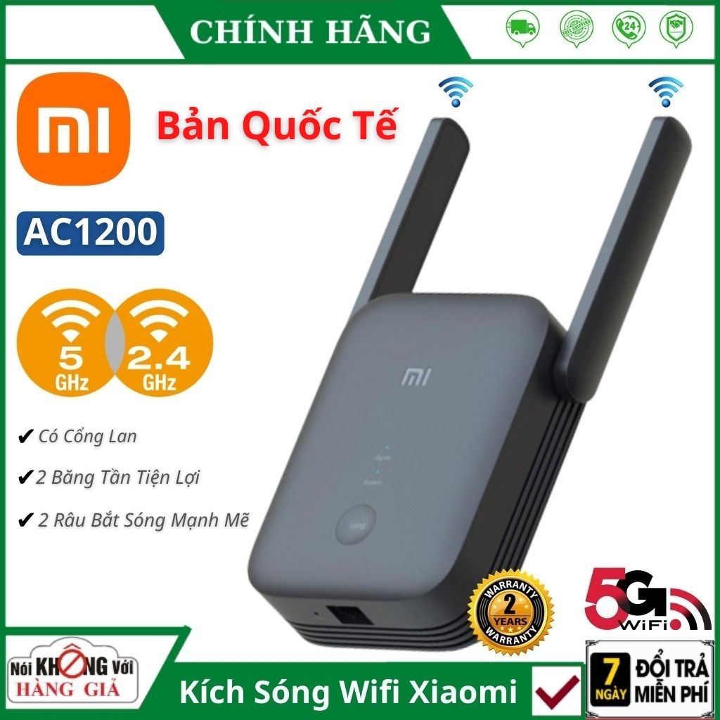 Bộ Kích Sóng Wifi Xiaomi 2 râu AC1200 Cực Mạnh, Cực Tốt, Máy Kích Wifi Siêu Khỏe Mẫu Mới Nhất, Bộ Tiếp Nối Sóng Wi-Fi 5Ghz 2 băng tần khuếch đại tường cường có cổng Lan Màu Đen Cam Kết Hàng Chính Hãng, Bảo Hành 24 Tháng
