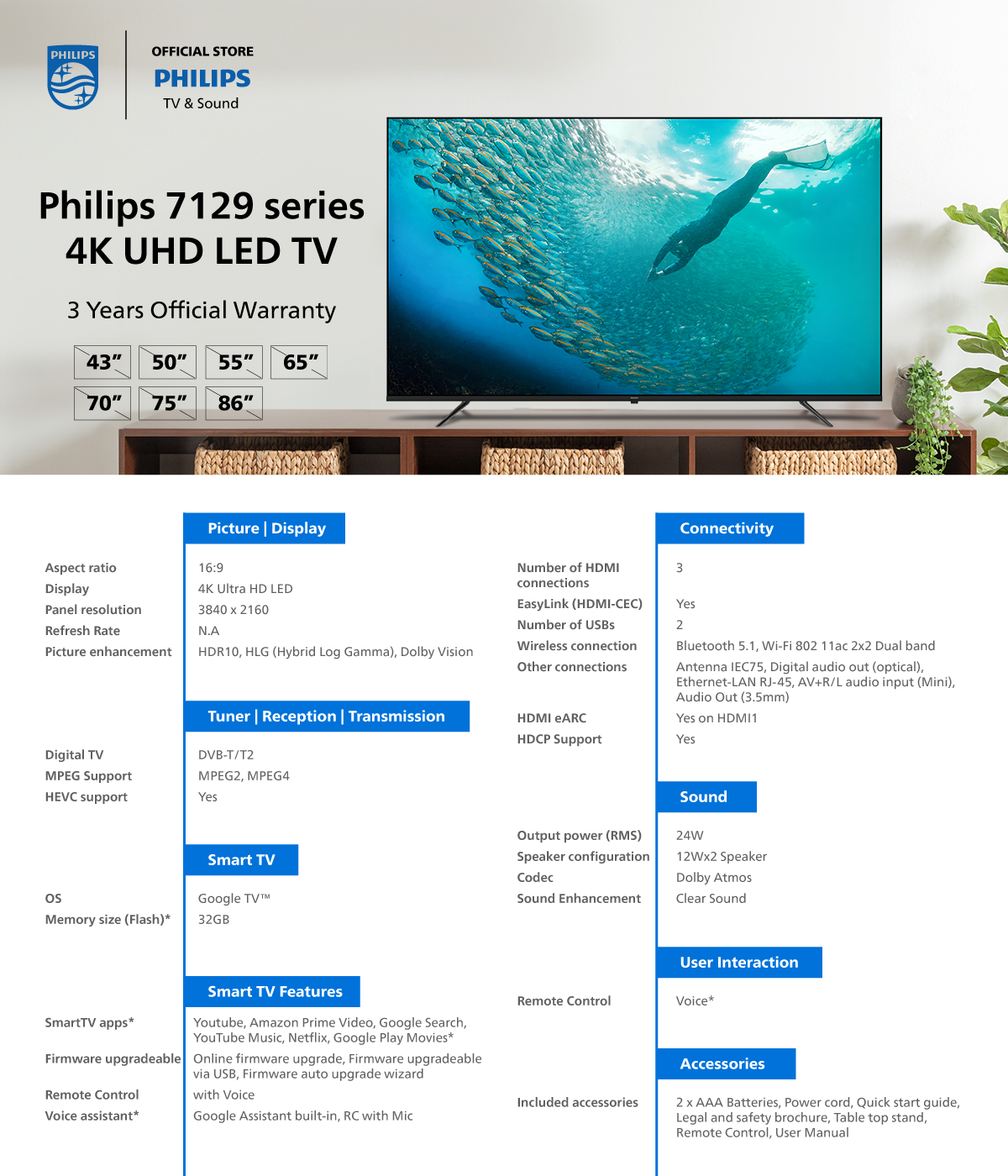 تلفزيون جوجل فيليبس 4K UHD LED موديل 2024، 55 بوصة |