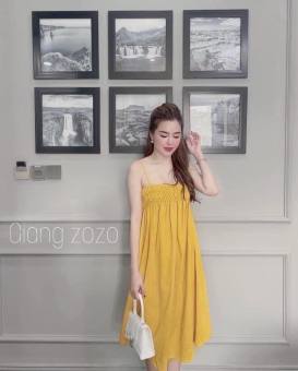 Đầm suông-Váy Suông Cami Hai Dây Chun Bánh Bèo Chất Đũi xước