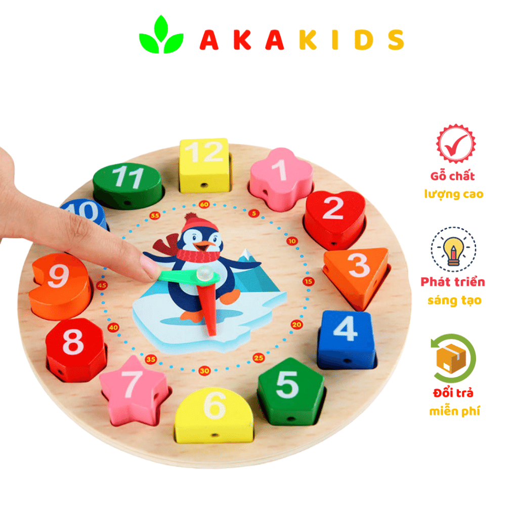 Đồ chơi gỗ Đồng hồ montessori xâu hạt chim cách cụt phát triển kỹ năng cho bé AKA KIDS AKA9