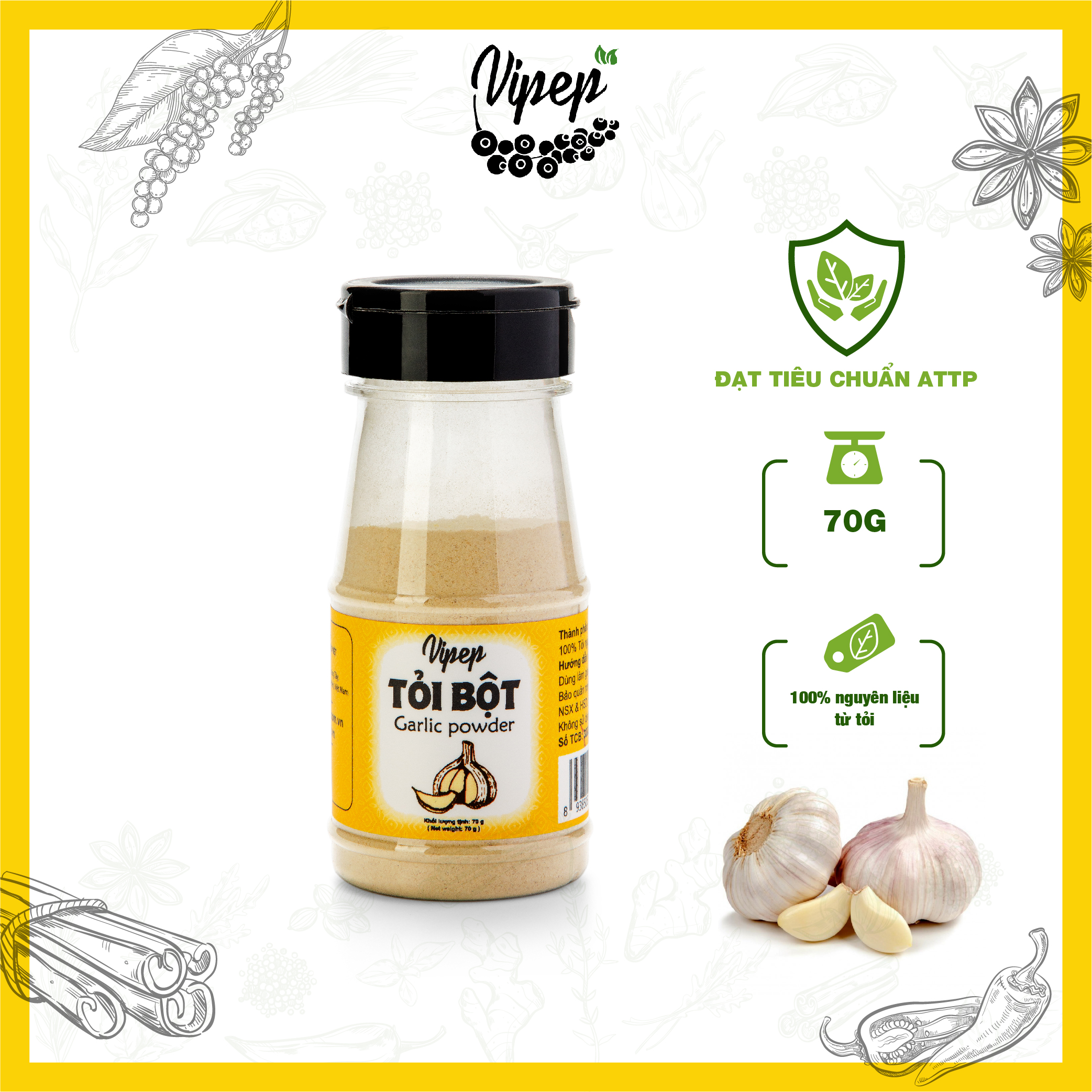 Bột tỏi nguyên chất Vipep 70g - bột gia vị tiện lợi dễ thấm cho món ăn đậm đà, thơm ngon chuẩn vị