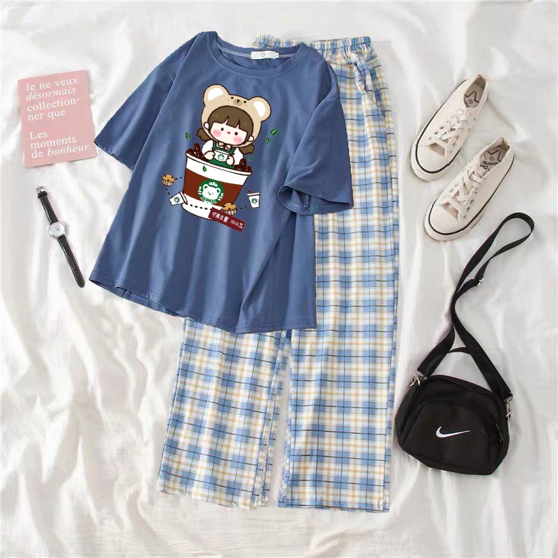 Set cô gái mix quần kẻ