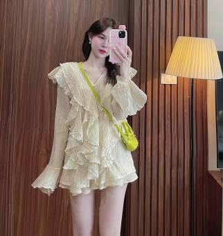 Set áo sơ mi bèo tay loe mix quần short nữ, đồ bộ đùi vải tăm gãy style Hàn Quốc bánh bèo xinh