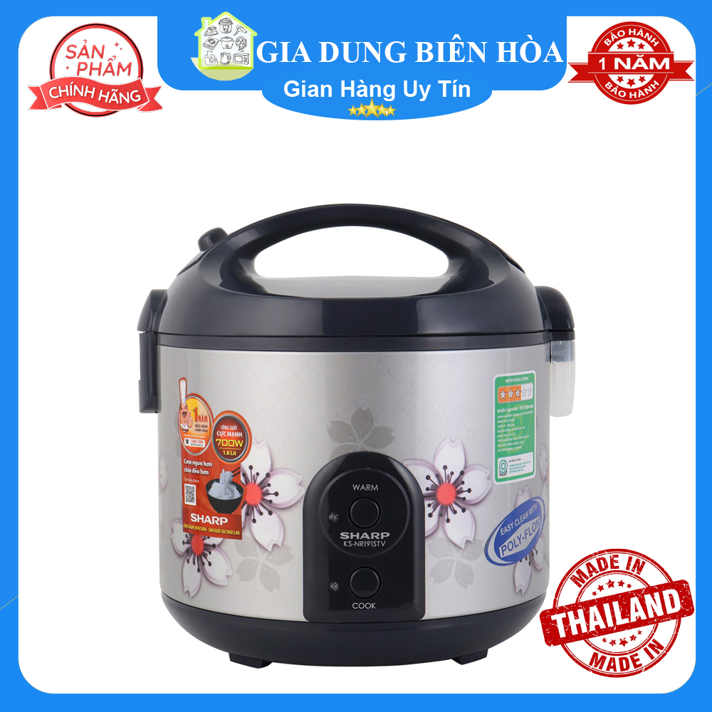 Nồi cơm điện Sharp 1.8 lít KS-NR191STV-trưng bày 99%-Số người ăn 4-6 người Công suất:700W:Có xửng hấp-sản xuất:Thái Lan