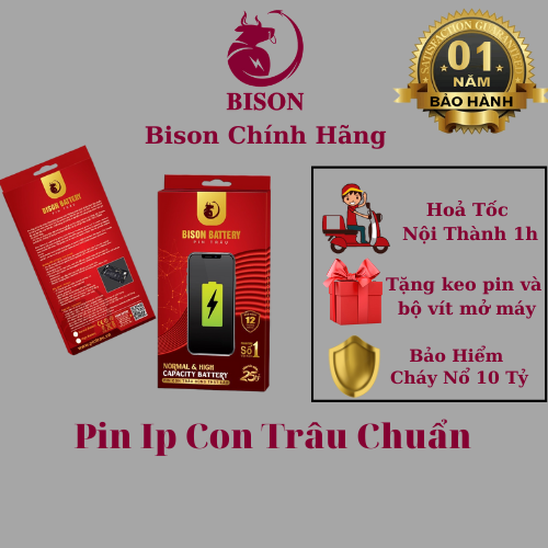 Pin i.p.h.o.n.e bison con trâu dung lượng chuẩn dành cho 5s/5se/6/6s/6plus/6splus/7/7plus/8/8plus/x/xs/xr/xsmax
