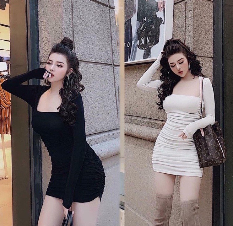 [Mẫu Hot] Đầm Váy Nữ Ôm Body Nhún Tôn Dáng Chất Thun Dẻo Co Dãn Tốt Cổ Vuông Tay Dài Thời Trang Kiểu Cách Đi Chơi, Đi Dự Tiệc D.ONE FASHION, Mẫu Free Size (40-55Kg) Mặc Vừa
